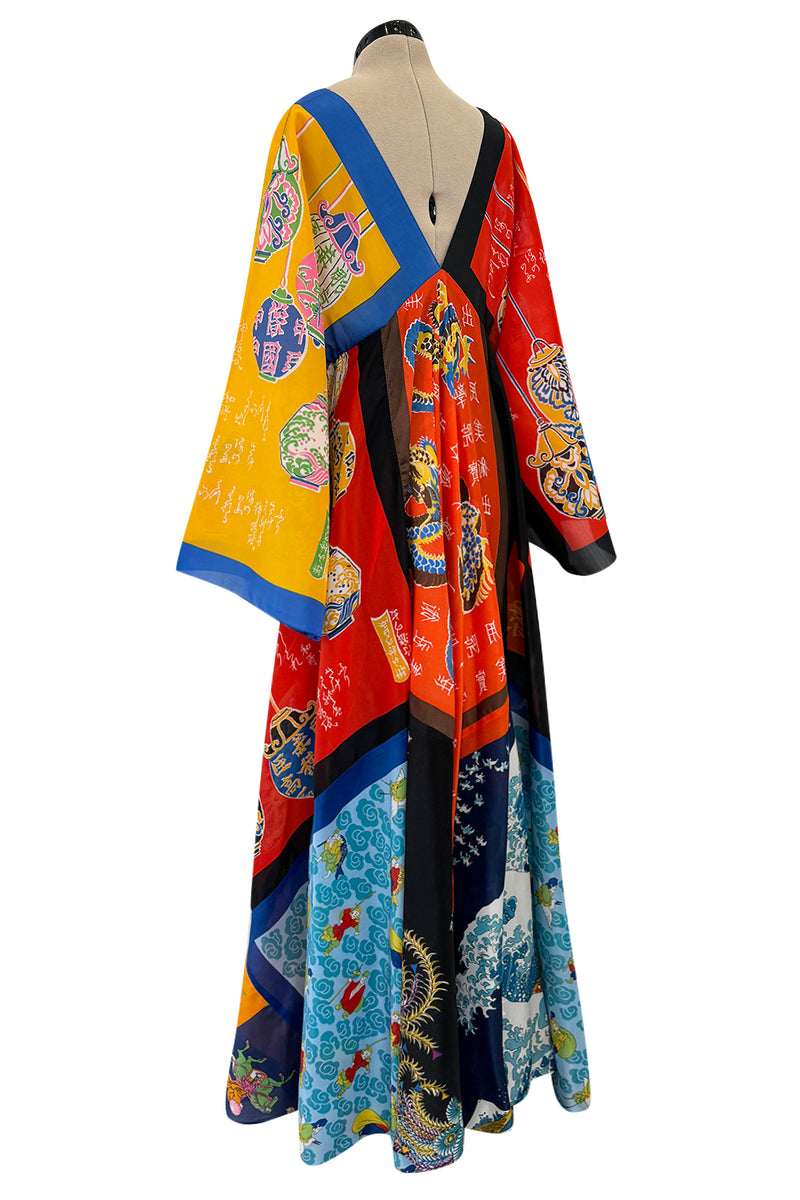 Iconic 1972 LaVetta Multi Scarf Printed Silk Caftan Dress w Wide Sleeves