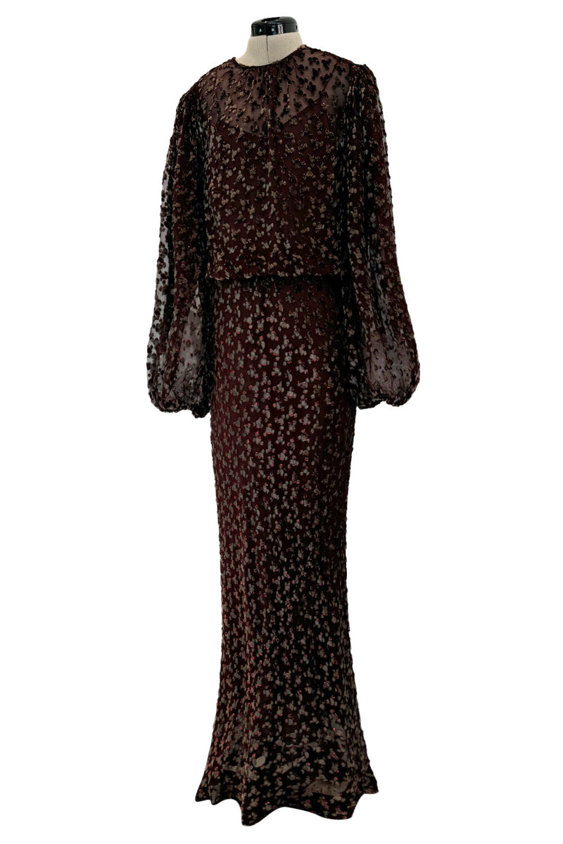 Stunning 1980s Oscar de la Renta Velvet Devore & Silk Chiffon Dress w Balloon Sleeves & Metallic Thread