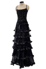 Exquisite Fall 2003 Valentino Beaded Floral Bodice Dress w Ruffled Silk Chiffon Skirting