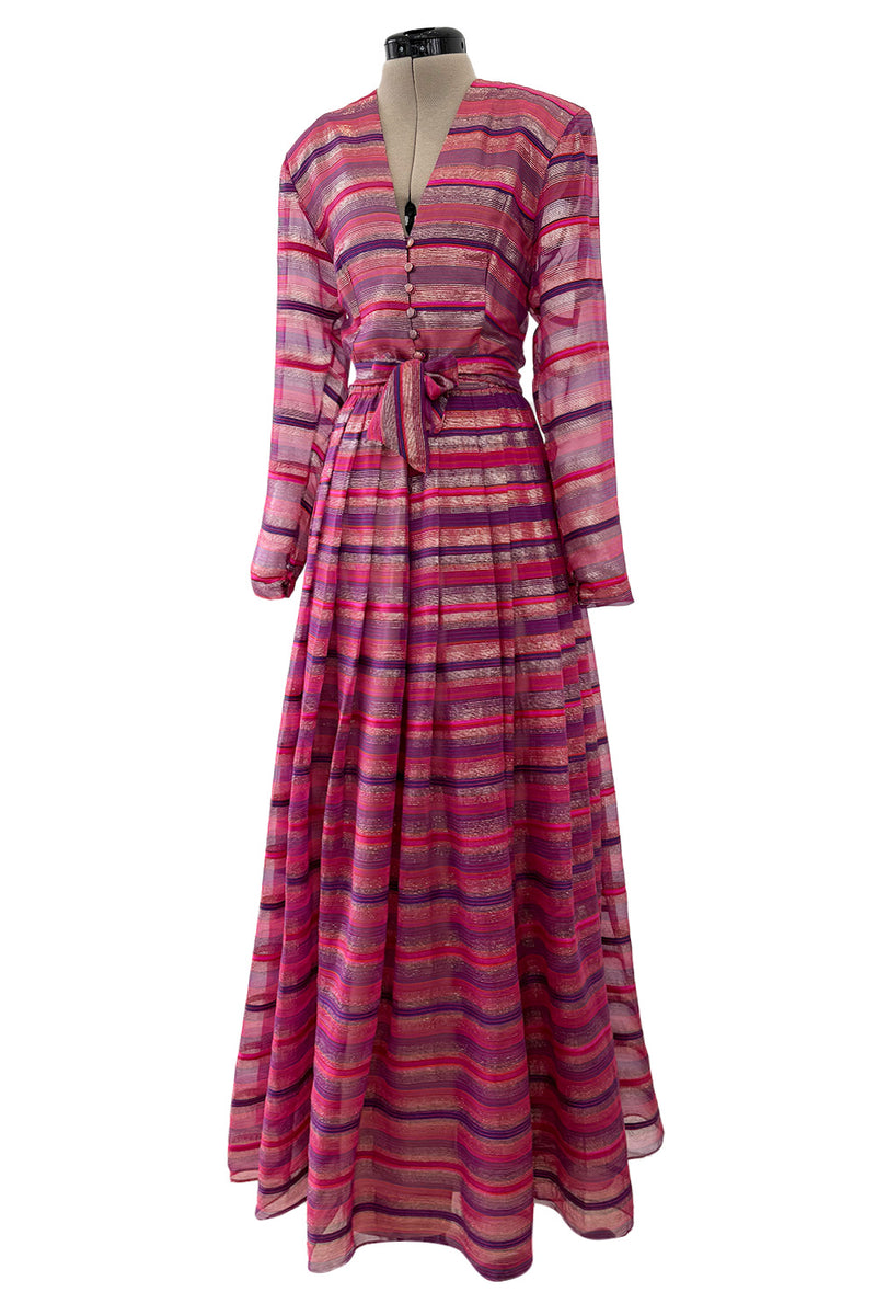 Prettiest 1980s Hanae Mori Pink Striped Silk Chiffon Dress w Metallic Gold Thread