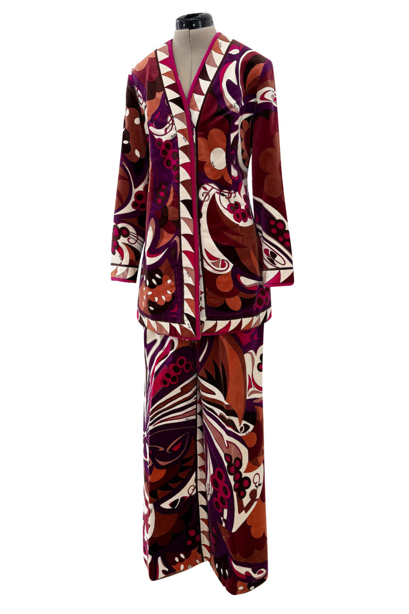 1960s Emilio Pucci Velvet Pink Purple & Brown Print Jacket & Flare Pant Suit Set