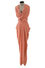 1990s Gianni Versace Pale Pastel Salmon Silk Crepe Wrapped Bodice & Bare Back Dress