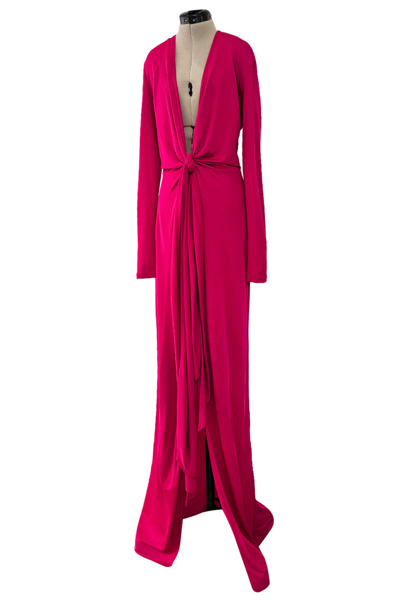 Spring 2018 Givenchy Deep Pink Long Tie Detailed Front Plunge Jersey Dress