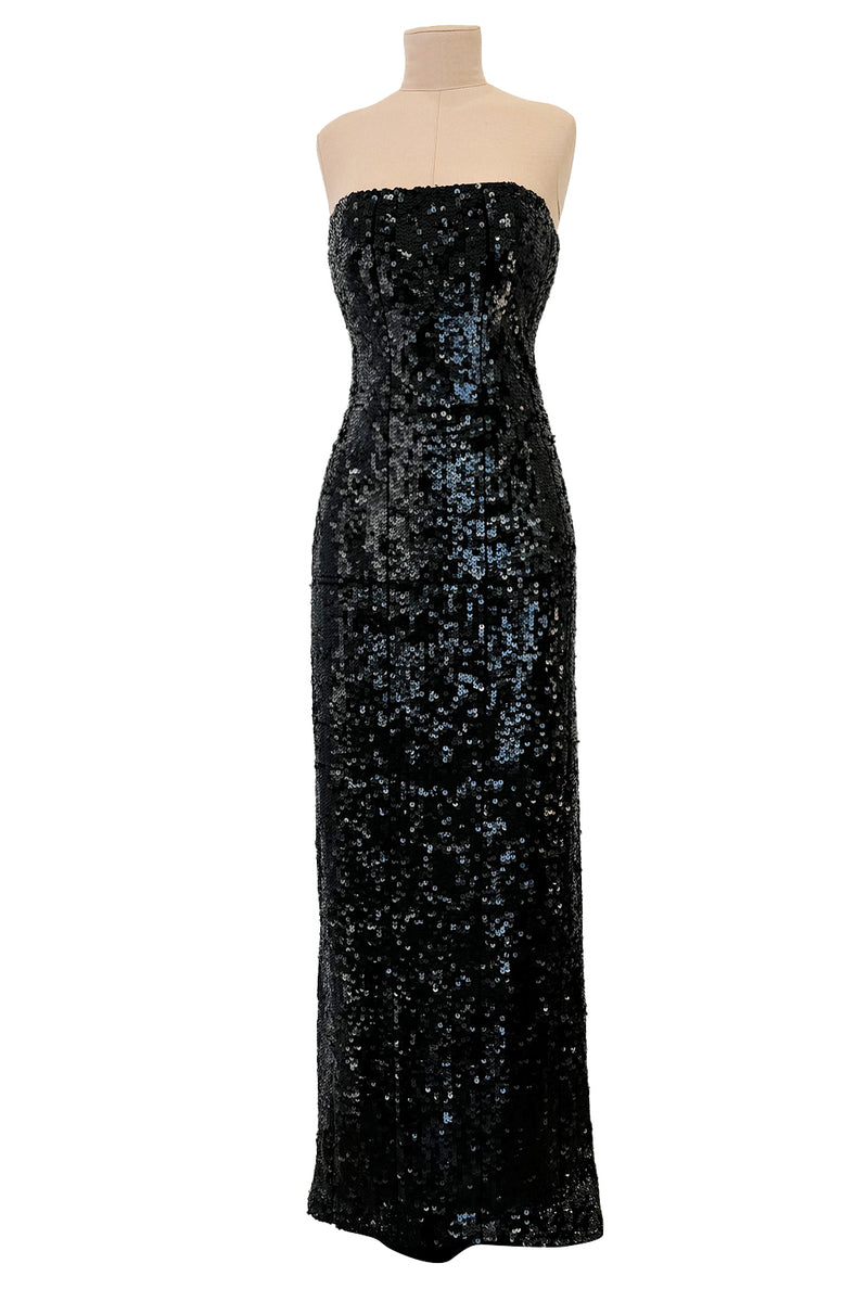 Incredible 1980s Bob Mackie Strapless Black Sequin Dress w Slight Train