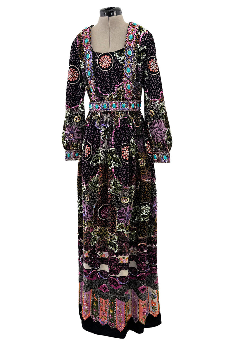 Amazing 1970s Valentina Inc. Elaborate Sequin & Bead on Printed Felt Dress