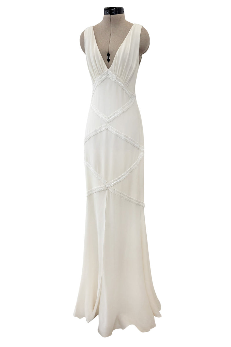 Gorgeous 2000s Valentino Bias Cut Ivory Silk Dress Dress w Beading Detail & Chiffon Skirt