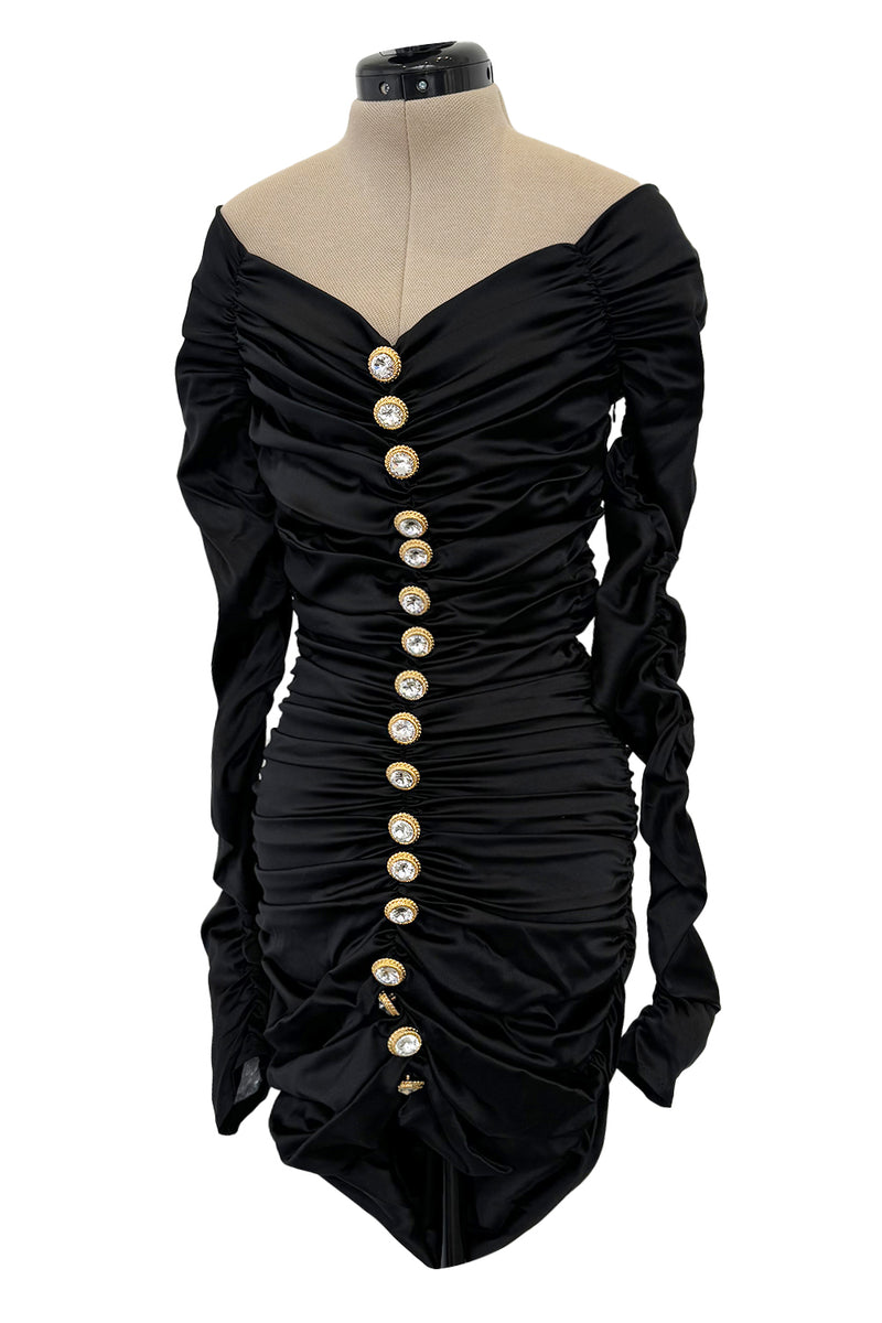 Remarkable Early 1990s Angelo Tarlazzi Black Stretch Mini Dress w Gold & Rhinestone Buttons