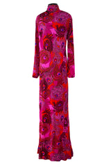 1972 La Mendola 'Paridiso' Peacock Feather Print Deep Pink Silk Jersey Dress