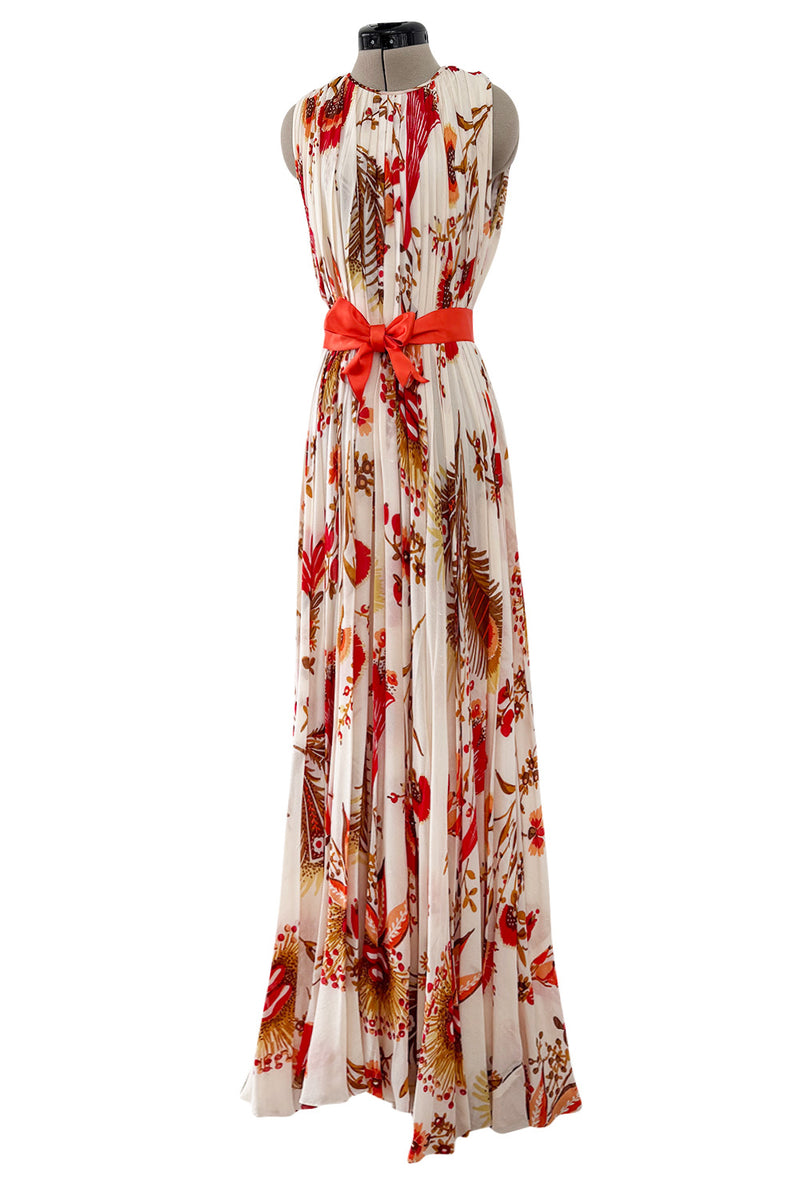 Prettiest 1980s Bill Blass Pleated Silk Chiffon Dress w Coral Flower & Fern Print