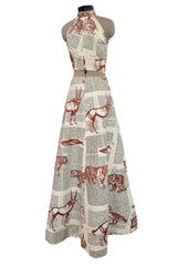 1970s Thea Porter WildLife & Text Printed Ivory Cotton Skirt & Halter Set