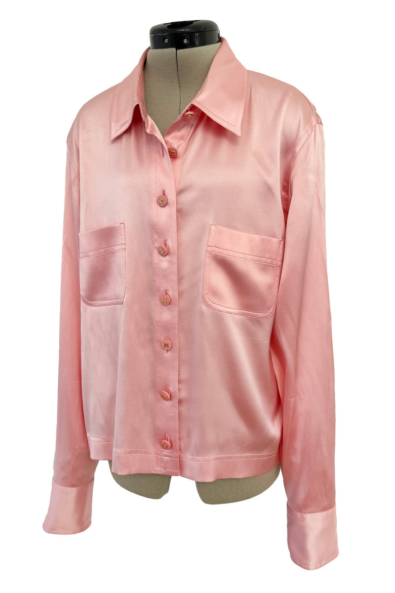 Dreamy 1990s Chanel by Karl Lagerfeld Pastel Pink Silk Stretch Button Front Top