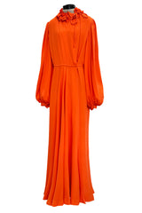 1970s James Galanos Couture Orange Silk Dress w Ruffle Neck & Balloon Sleeves