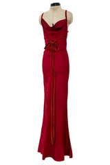 Fall 1999 John Galliano Deep Red Patterned Silk Bias Cut Backless Dress w Velvet Ribbon Details