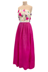 Dreamy 1982 Givenchy Strapless Silk Dress w Floral Appliques & Brilliant Full Pink Skirt