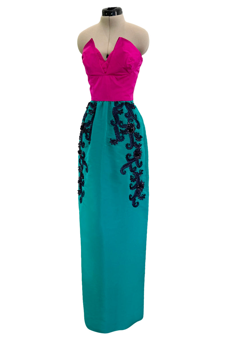 Resort 2016 Oscar de la Renta Look 34 Emerald Green & Pink Strapless Dress w Applique Work