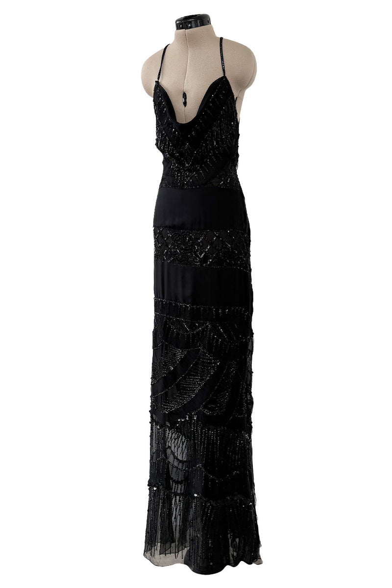 Gorgeous Fall 2003 Valentino Densely Beaded Bias Cut Black Silk Chiffon Dress