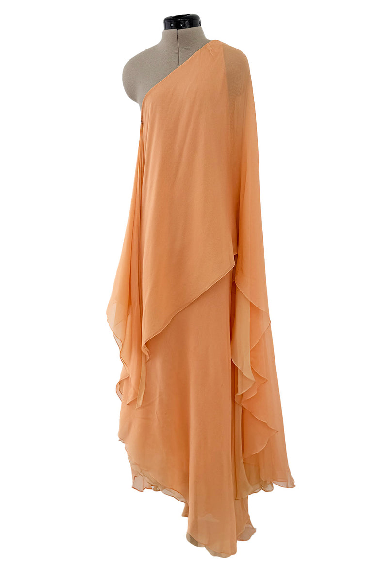 c. Resort 1976 Halston Couture Pastel Peach Silk Chiffon One Shoulder Spiral Dress