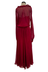 Gorgeous c1974 Halston Silk Chiffon Deep Red Dress w Inner Slip Dress & Full Sleeves