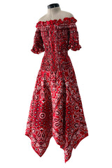 Amazing 1971 Oscar de la Renta Bandana Handkerchief Dress w Elastic Off Shoulder Bodice