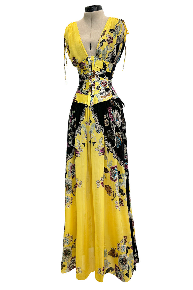 Incredible Spring 2003 Roberto Cavalli Light as Air Printed Silk & Silk Chiffon Maxi Skirt, Top & Corset Set