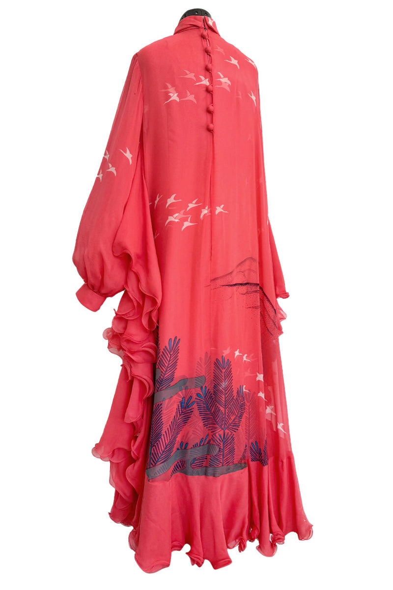 Important Fall 1972 Hanae Mori Couture Ad & Book Piece Silk Chiffon Printed & Ruffled One Sleeve Caftan Dress