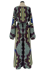 Late 1970s James Galanos Silk Chiffon Printed Jumpsuit w Wide Legs & Plunge Front