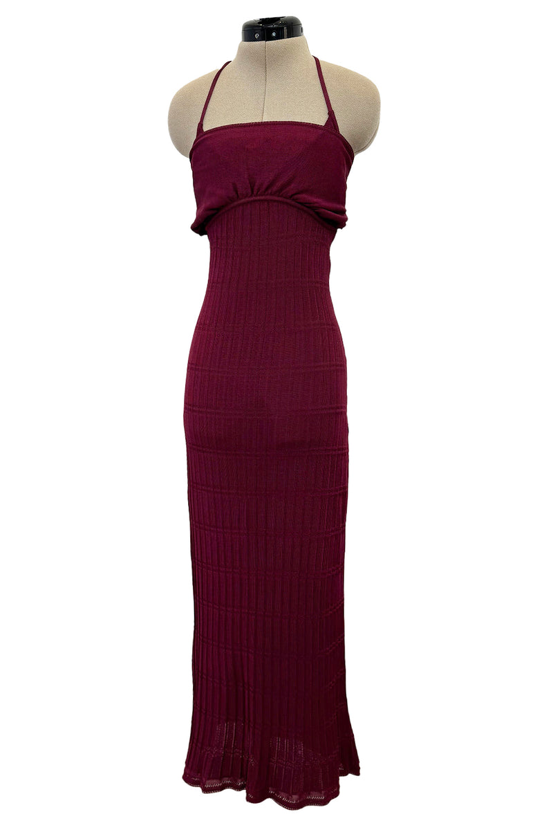 Fantastic Fall 1997 John Galliano Mid Calf Deep Burgundy Knit Dress w Tie Back