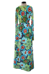 Prettiest c1972 Lanvin by Jules-Francois Crahay Printed Silk Jersey & Waffle Weave Low Back Dress