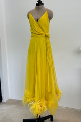 Oscar de la Renta 1970s Yellow Chiffon & Feather Dress