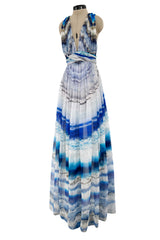 Amazing 2009-2010 Alexander McQueen Silk Chiffon Blue Agate Print Dress w Plunge Front & Open Back