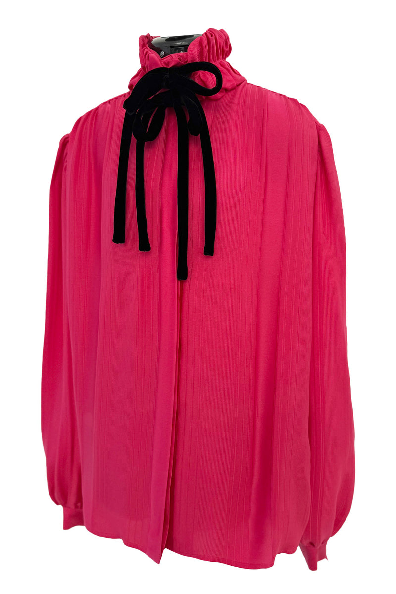 Prettiest 1970s Original Valentino Pink Silk Ruffle Top w Velvet Ties & Boxy Cut