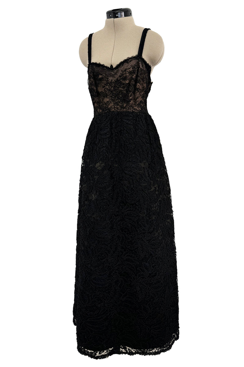 Prettiest 1960s James Galanos Couture Black French Lace & Silk Cord Dress