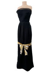 Spring 1979 Givenchy Haute Couture Runway Black Silk Chiffon Strapless Dress w Gold Sequin Bow Dress