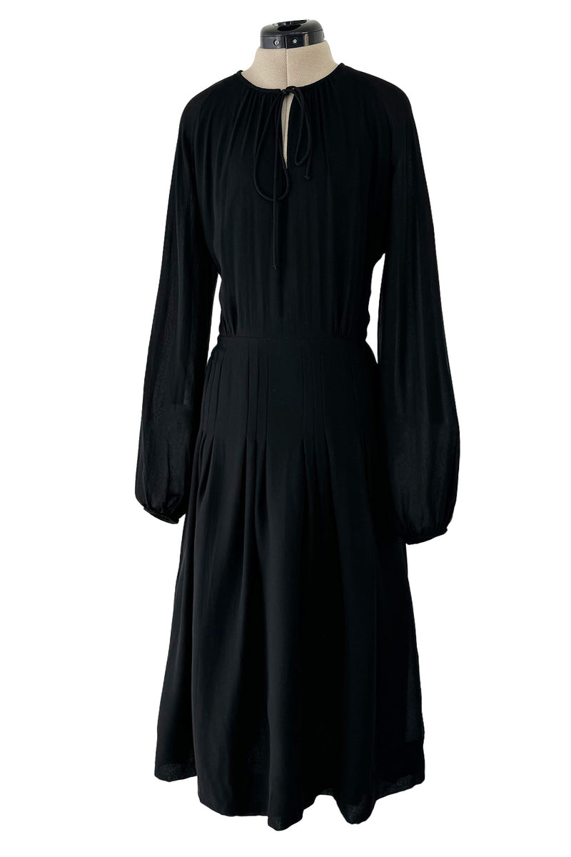 Classic 1970s Michael Novarese Black Silk Chiffon Dress w Balloon Sleeves & Pleating Details