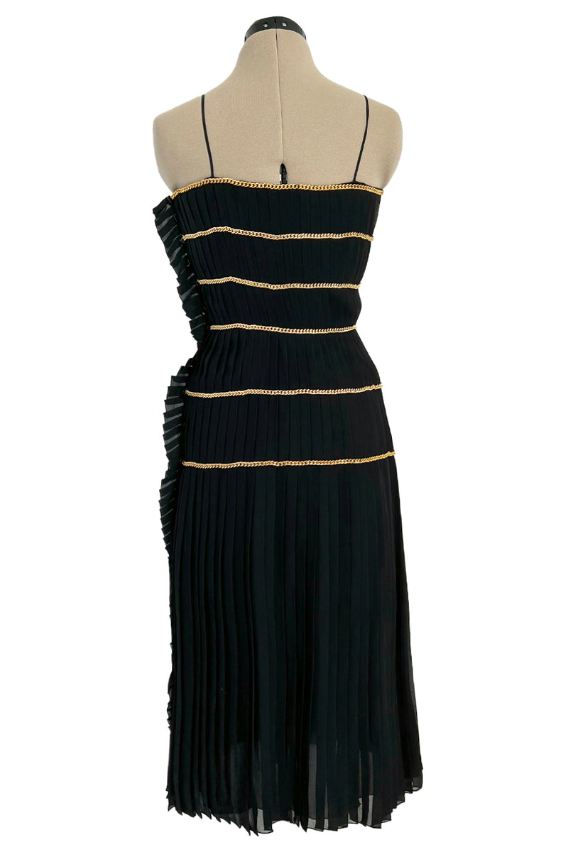 Incredible Spring 1988 Chanel by Karl Lagerfeld Runway Black Pleated Silk Chiffon Dress w Chain Detailing