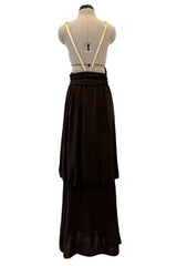 Fall 1975 Yves Saint Laurent Runway Brown Silk Jersey Backless Dress w Gold Leather Straps