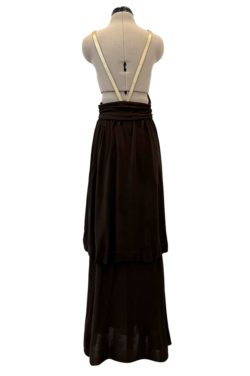 Fall 1975 Yves Saint Laurent Runway Brown Silk Jersey Backless Dress w Gold Leather Straps