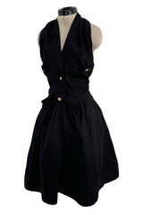 Gorgeous Little 1980s Chanel by Karl Lagerfeld Black Cotton Halter Dress w Full Skirt