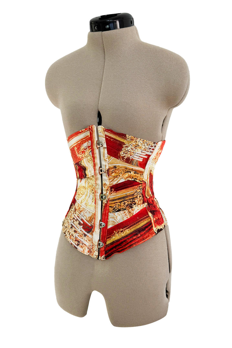 Amazing Spring 2003 Roberto Cavalli Printed Silk Lace Up Corset with Metal Stays & Hook Front