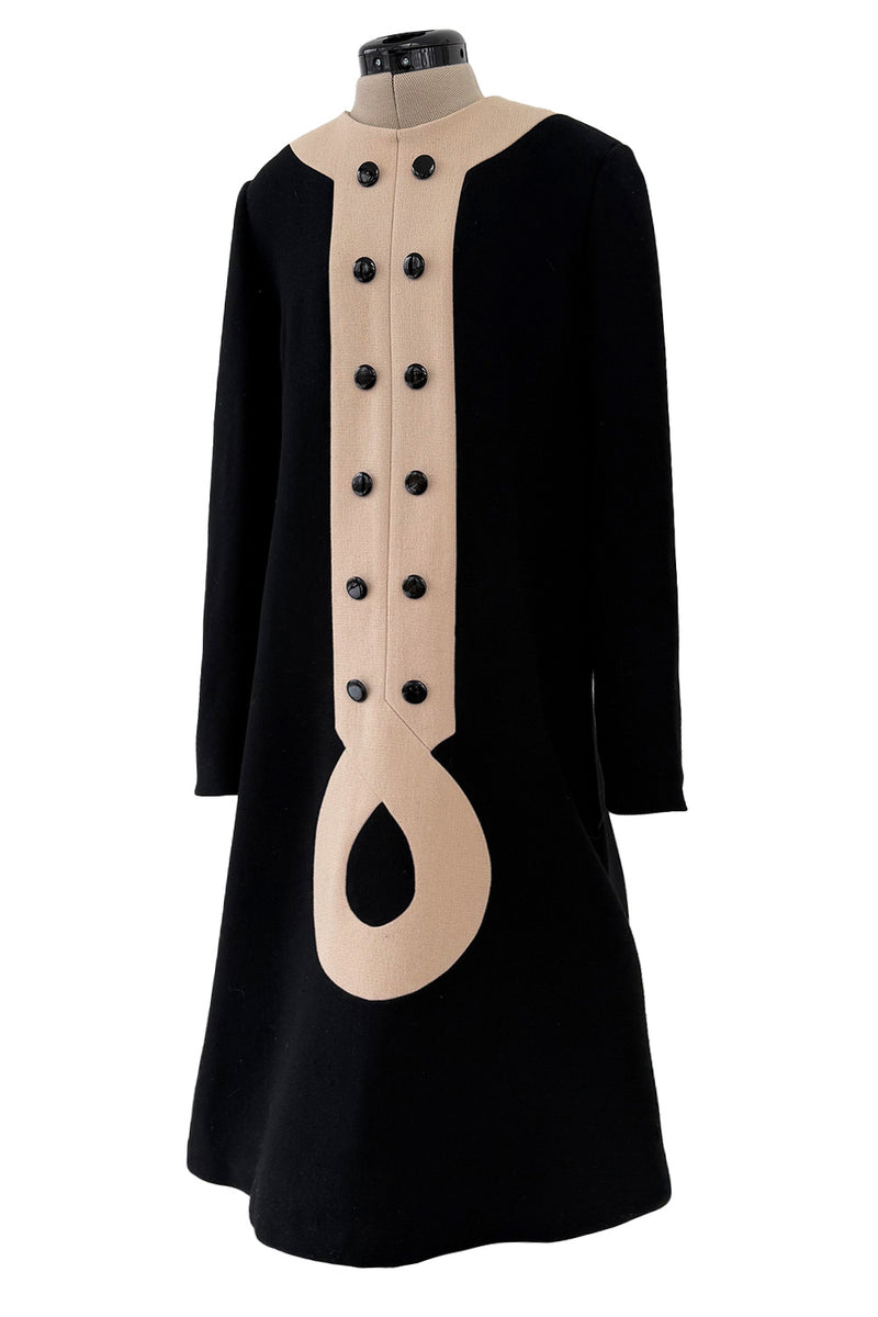 c. 1972 Pierre Cardin Black Wool Swing Dress w Taupe Inset & Glossy Black Buttons