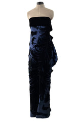 Incredible Fall 1987 Bill Blass Runway Deep Blue Silk & Black Velvet Dress w Back Bustles & Bows