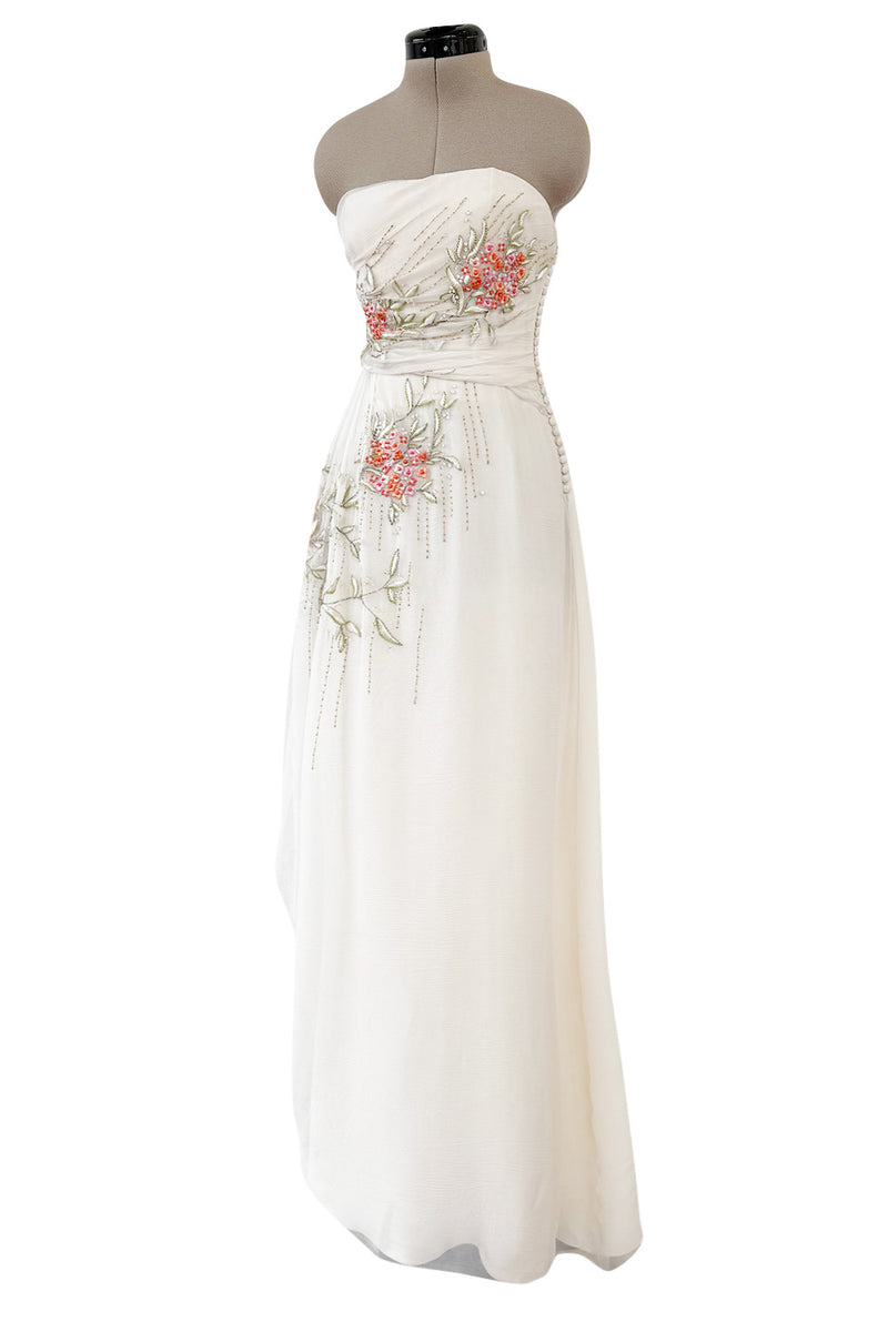 Exceptional Spring 2008 Christian Dior by John Galliano Ivory Silk Chiffon Dress w Floral Embroidery