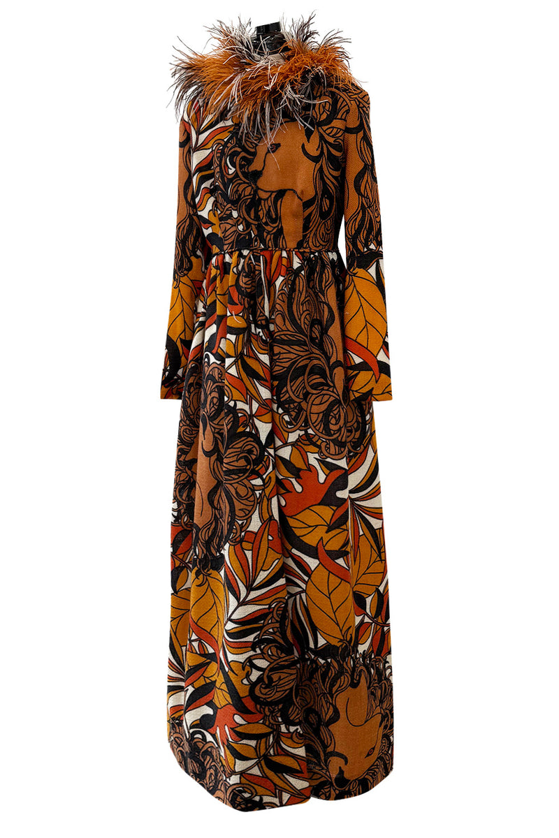 Early 1970s Bill Blass Couture Hand Beaded Lion Print Dress w Elaborate Feather Collar