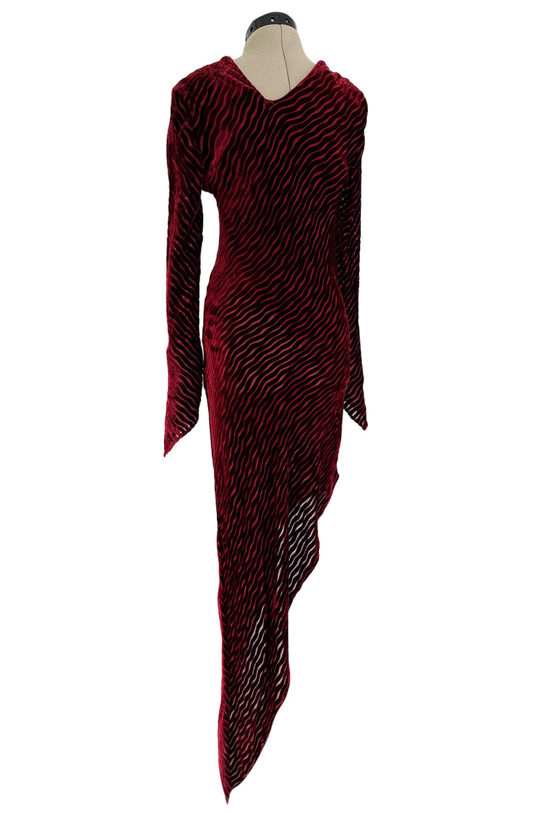 Fall 1994 Karl Lagerfeld Runway Deep Red Cut Velvet Bias Cut Dress w Angled Hem