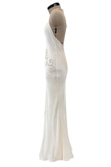 1990s Gianni Versace Ivory Bias Cut Silk Lace Slip w Embroidered Edge Cut Outs