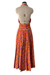 Chic 1990s Bill Blass Silk Multi Colour Print Halter Dress w Pleated Skirt & Belt