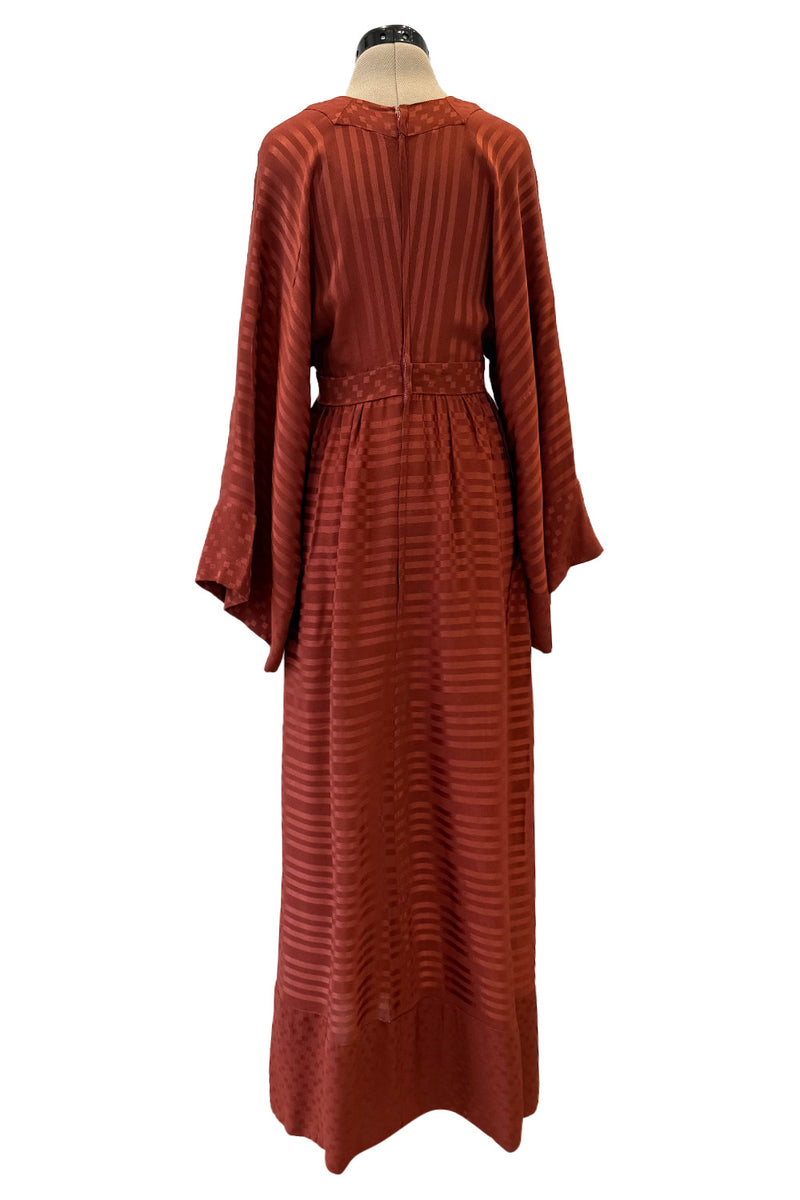 1970s Jean Varon Rust Clay Coloured Silk Wide Sleeve Dress w Plunge Front