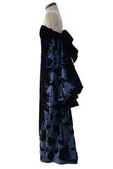 Incredible Fall 1987 Bill Blass Runway Deep Blue Silk & Black Velvet Dress w Back Bustles & Bows