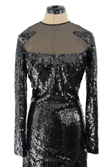 1973 Loris Azzaro Couture Black Sequin & Silk Chiffon Insets Dress w Pointed Hem