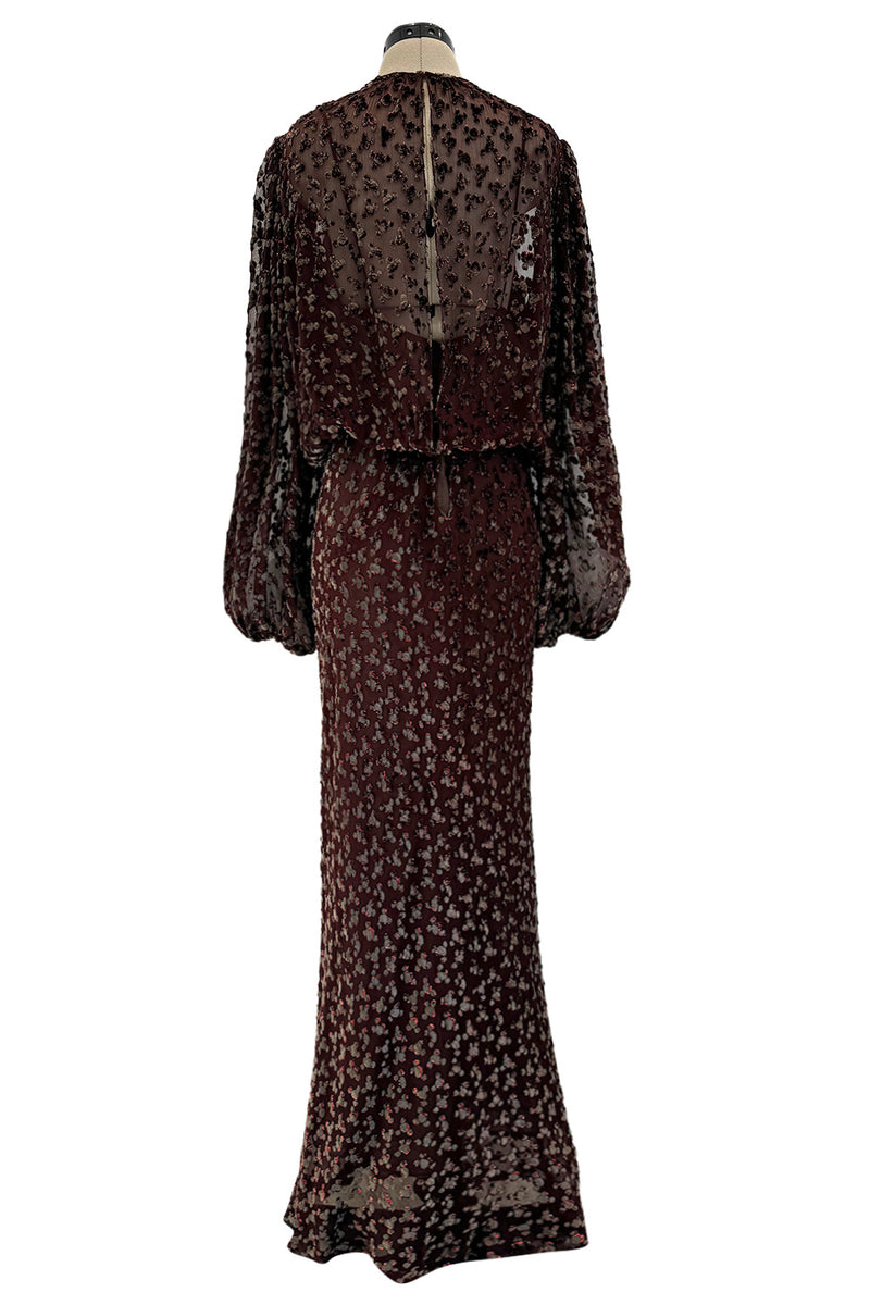 Stunning 1980s Oscar de la Renta Velvet Devore & Silk Chiffon Dress w Balloon Sleeves & Metallic Thread